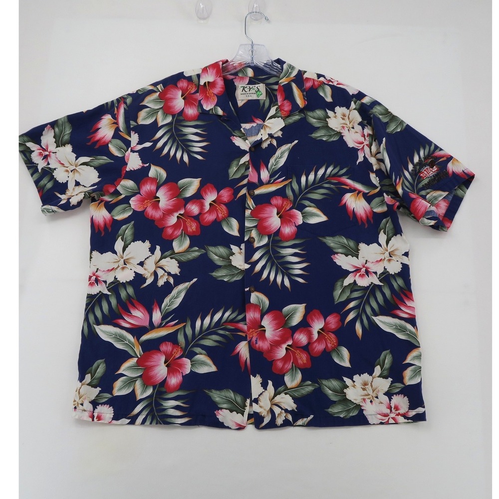 KY'S Hawaiian Shirt Men unk Navy Blue Tropical Hibiscus Floral Blitz Golf Hawaii